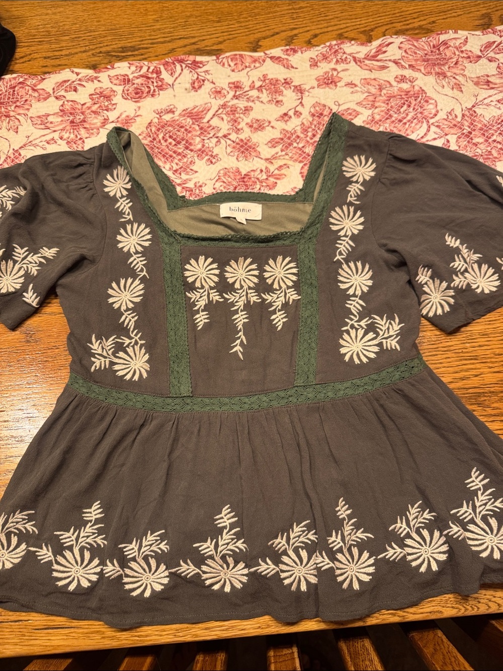 bohme Gray Embroidered Peplum Tunic with Green Trim